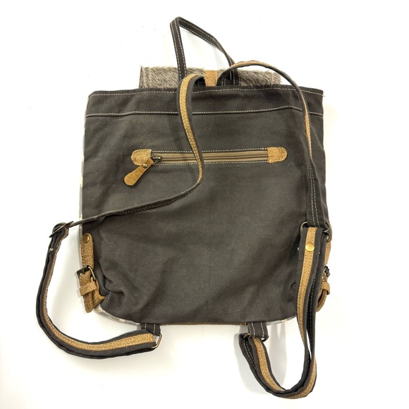 Myra Bag Artist's Impression Hairon Flapover Canvas & Leather Backpack Boho Chic - Picture 4 of 9